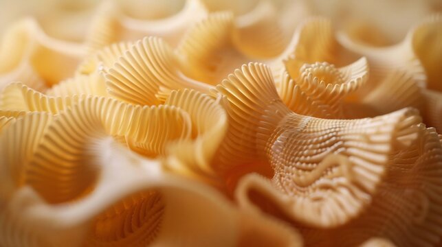 Contemporary geometric AI generated pasta design featuring kinetic generative textures and tactile food art