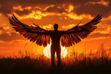 Man with angel wings spread wide silhouette