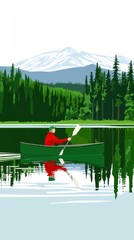 Kayaker on a lake, mountains in background