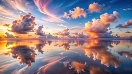 Naklejka premium Serene Sunset Reflection A breathtaking panorama of vibrant clouds mirrored in tranquil waters, capturing the ethereal beauty of dawn's golden hues and the tranquil stillness of nature.