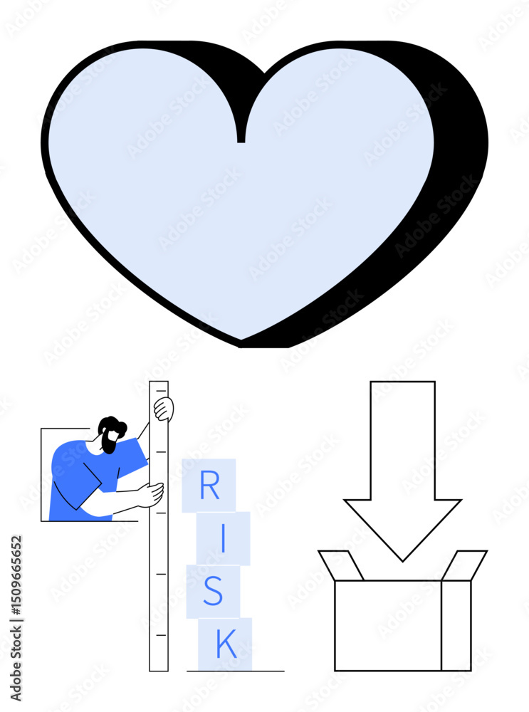 Poster large heart symbol, person measuring risk using stacked blocks, down arrow pointing into box. ideal 