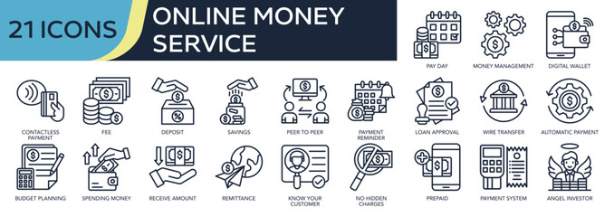 Collection of Online Money Service icons, related to money management, angel investor, budget planning, savings, deposit and more. Outline icons vector illustation.
