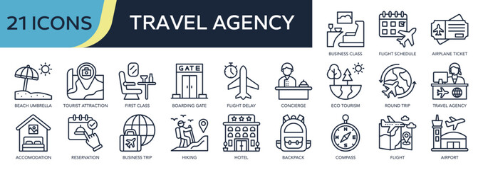 Collection of Travel Agency icons, related to business class, business trip, Travel, holidays, vacation and more. Outline icons vector illustation.