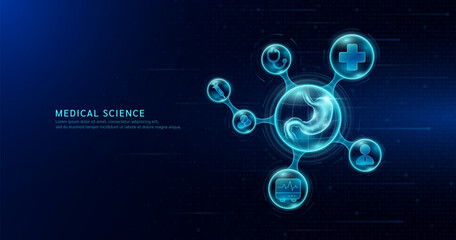 Medical science. Human stomach organ inside transparent molecule with icons doctor pill syringe stethoscope and plus sign. On dark blue digital technology background. Vector EPS10.