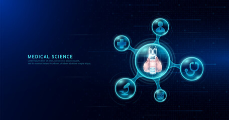 Human thyroid organ inside transparent molecule with icons doctor pill stethoscope and cross on dark blue digital technology background. Medical science. Vector EPS10.