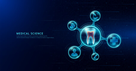 Human teeth organ inside transparent molecule with icons doctor pill syringe stethoscope plus sign and magnifying glass on dark blue digital technology background. Medical science. Vector EPS10.