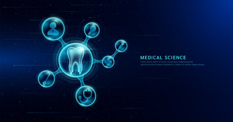Medical science. Human tooth organ inside transparent molecule with icons doctor pill syringe stethoscope plus sign and magnifying glass. On dark blue digital technology background. Vector EPS10.