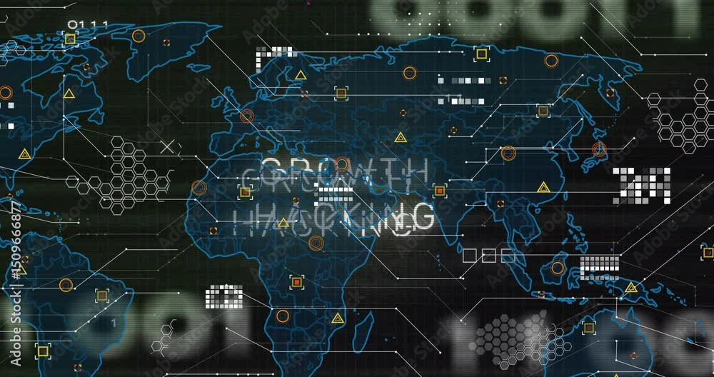 Poster on glitch neonblue world map fading with glitching title, pulsing nodes for network demo