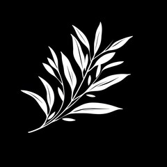 Fototapeta premium A white icon of an olive branch on a black background, in a minimalistic style with a simple design.