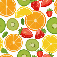 Obraz premium A juicy and colorful fruit pattern featuring sliced and whole fruits—perfect for summer-themed packaging or decor.