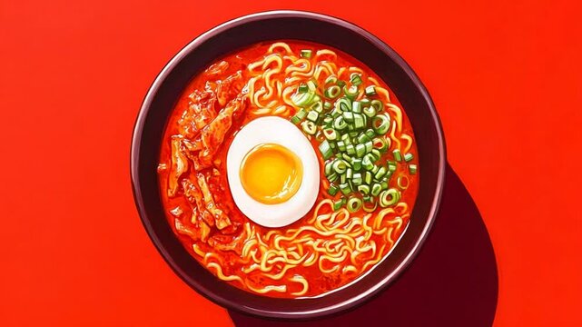 Delicious spicy ramen with egg and scallions on a vibrant red background illustration
