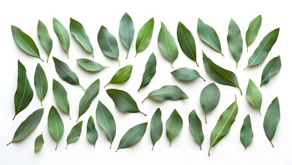 Obraz premium Eucalyptus leaves framed against a white background, in a minimalist style with soft tones. The design features a large space at the top of the screen for text or a title,