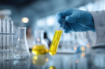 Scientist hand holds yellow liquid test tube
