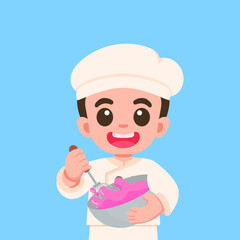 Cute Cartoon Boy Chef Mixing Dough Character design