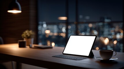 A modern, minimalist still life of a black iPad with a blank screen, a black keyboard, and a small white teacup resting on a dark brown wooden conference table
