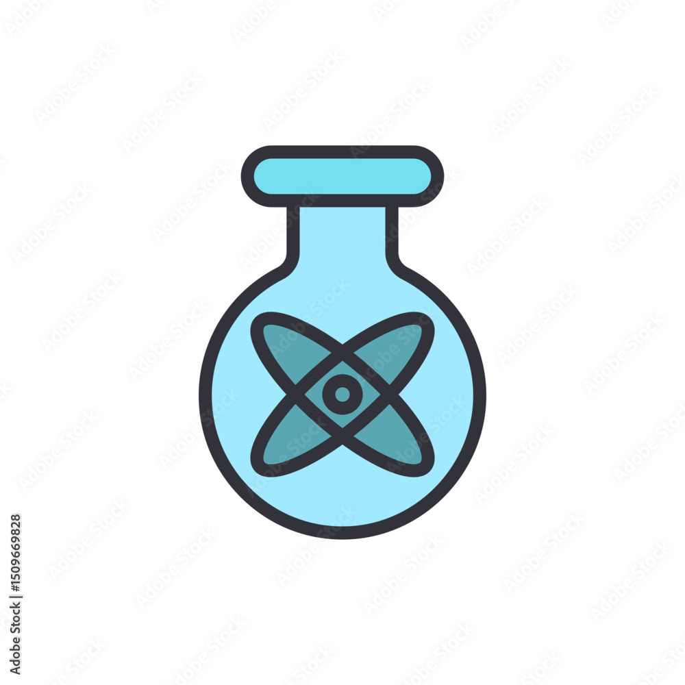 Poster light blue flask with atomic symbol for science experiments and education