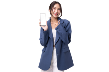 Portrait of happy young business woman pointing finger to blank screen on mobile phone isolated on transparent background, PNG file format.