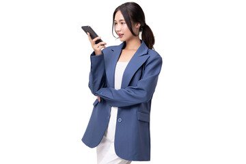 Portrait of happy young business woman talking with AI on smartphone isolated on transparent...