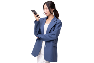 Portrait of happy young business woman talking with AI on smartphone isolated on transparent background, PNG file format.