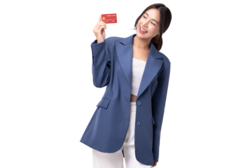 Portrait of happy young business woman showing credit card isolated on transparent background, PNG file format.