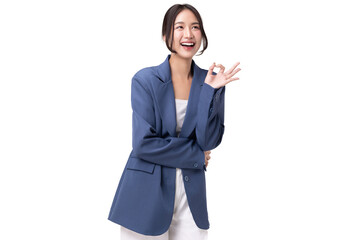 Portrait of happy young business woman showing OK hand sign isolated on transparent background, PNG...