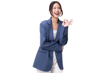 Portrait of happy young business woman showing OK hand sign isolated on transparent background, PNG file format.