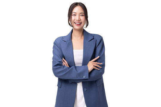 Portrait of happy young business woman posing isolated on transparent background, PNG file format.