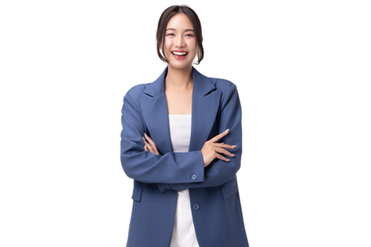 Portrait of happy young business woman posing isolated on transparent background, PNG file format.