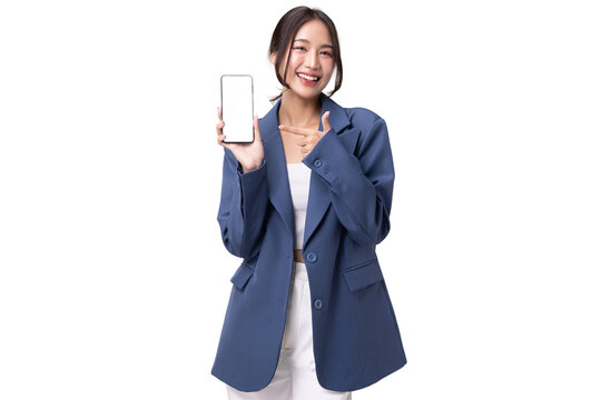 Portrait of happy young business woman pointing finger to blank screen on mobile phone isolated on transparent background, PNG file format.
