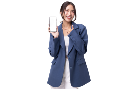 Portrait of happy young business woman pointing finger to blank screen on mobile phone isolated on transparent background, PNG file format.