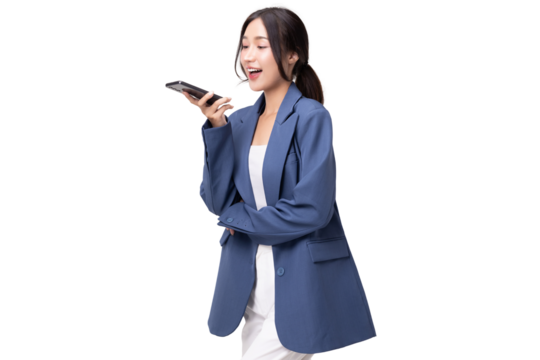 Portrait of happy young business woman talking with AI on smartphone isolated on transparent background, PNG file format.