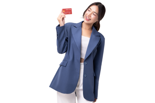 Portrait of happy young business woman showing credit card isolated on transparent background, PNG file format.