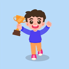 Cute Happy Boy Holding Trophy Character design