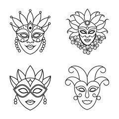 Black and White Carnival Masks and Musical Instruments Line Art Set