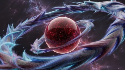 A radiant crimson sphere, cradled by twisting azure and violet cosmic filaments