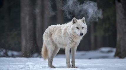 Obraz premium A Striking White Wolf Pauses in Snow-Covered Woods Its Icy Breath Pluming in Winter's Deep Chill