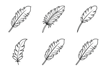 Black and White Feather Line Art Set with Six Unique Feather Designs