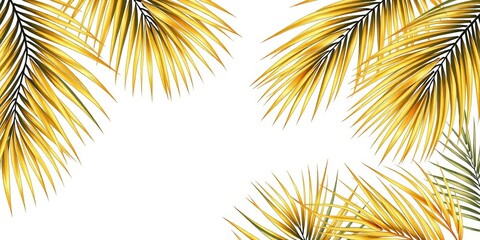 Golden palm leaves line art on light tropical background; botanical banner for decor,  textile,  decor