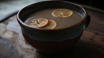 Large mug of warm drink with citrus slices