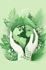 Hands holding Earth, green leaves