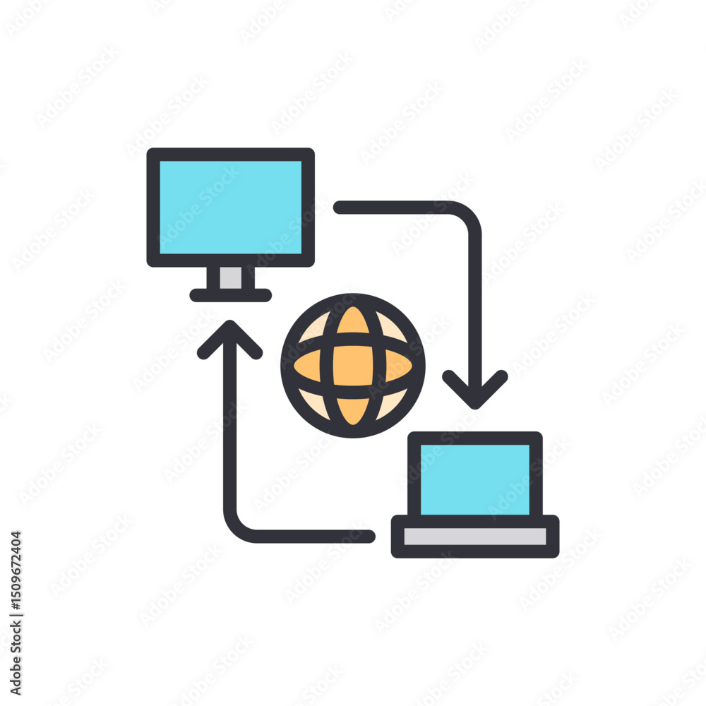 Poster computer network with globe connection for data transfer symbol