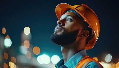 A construction worker in a hard hat looks up thoughtfully at night, with colorful city lights blurred in the background.