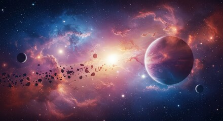 Obraz premium Cosmic Nebula: A Celestial Tapestry of Planets, Stars, and Asteroids
