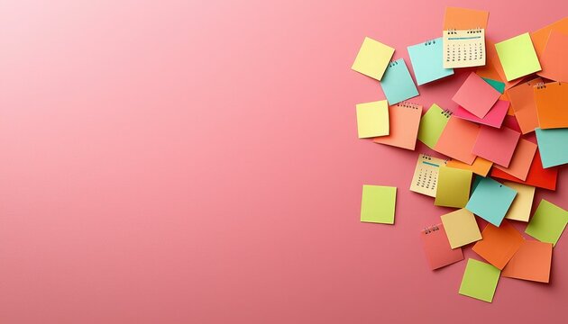 Colorful sticky notes and mini calendars scattered on a pink background, symbolizing organization and planning.