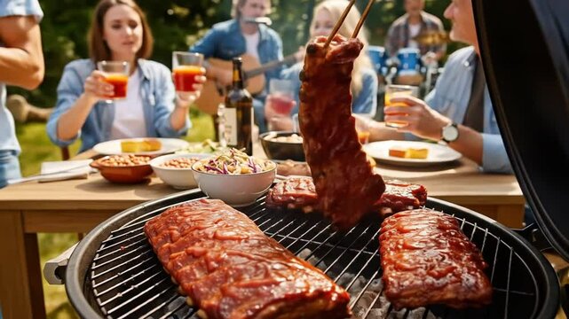 Friends enjoying delicious ribs outdoors