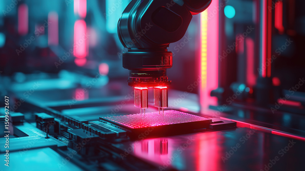 Poster precision and automation showcased by industrial robot arm picking microchip in production