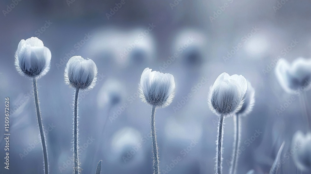 Poster botanical macro photography of budding scabious with gentle bokeh and elegant tones.