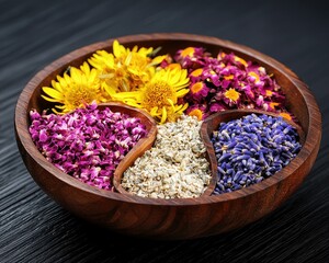A wooden bowl divided into sections holds colorful dried flowers and petals, beautifully arranged on a dark textured surface.