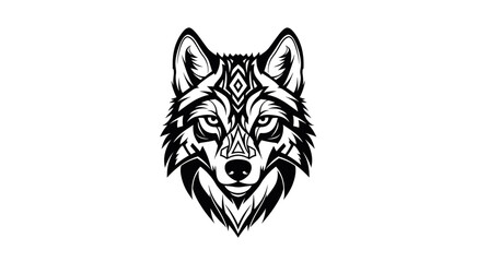 Fototapeta premium Detailed Black and White Wolf Head Illustration with Geometric Patterns on a Clean White Background