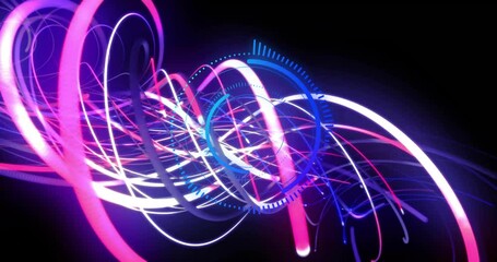 Waveform appearing in black void pulsing neon ribbons weaving around ring showing audio energy - Powered by Adobe